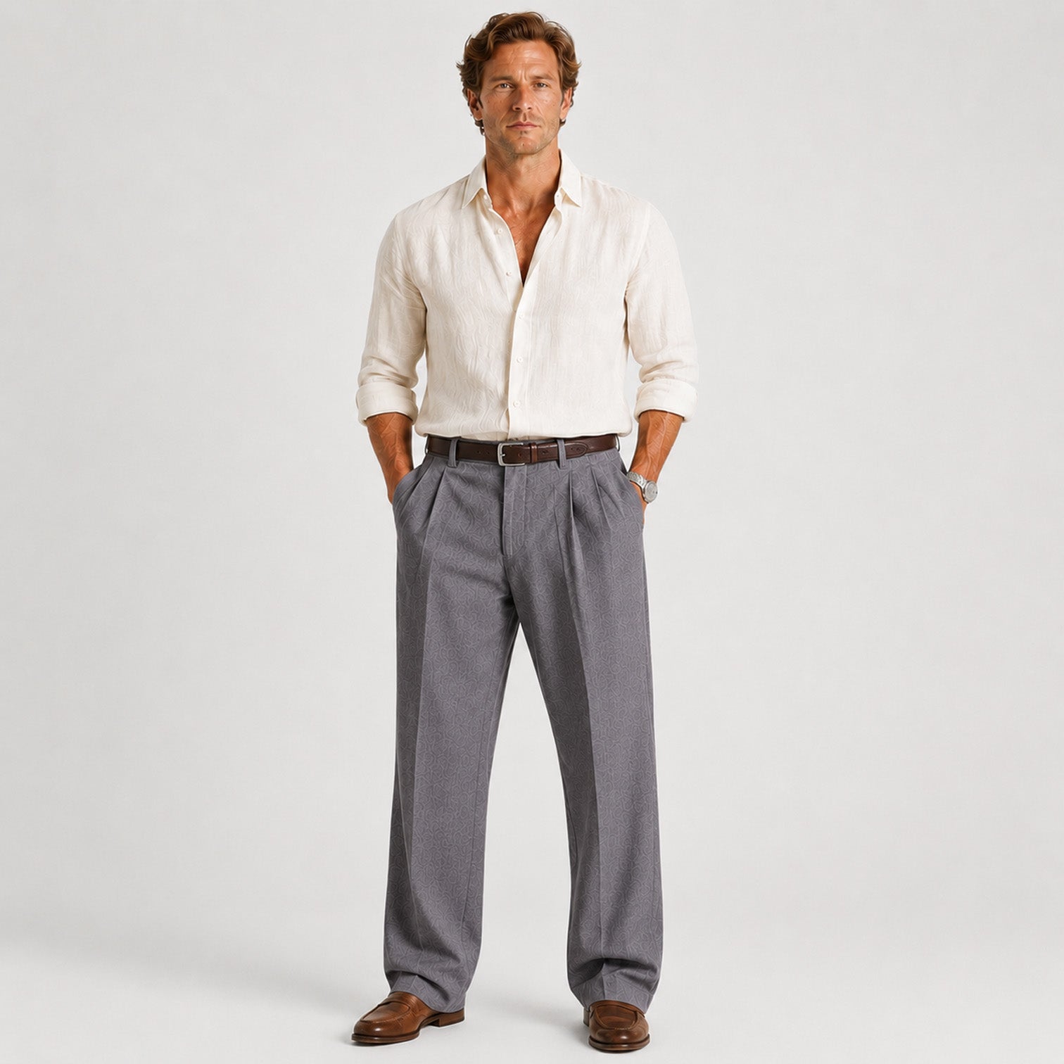 Linen Double Pleat Wide-Leg Trousers - Relaxed Fit