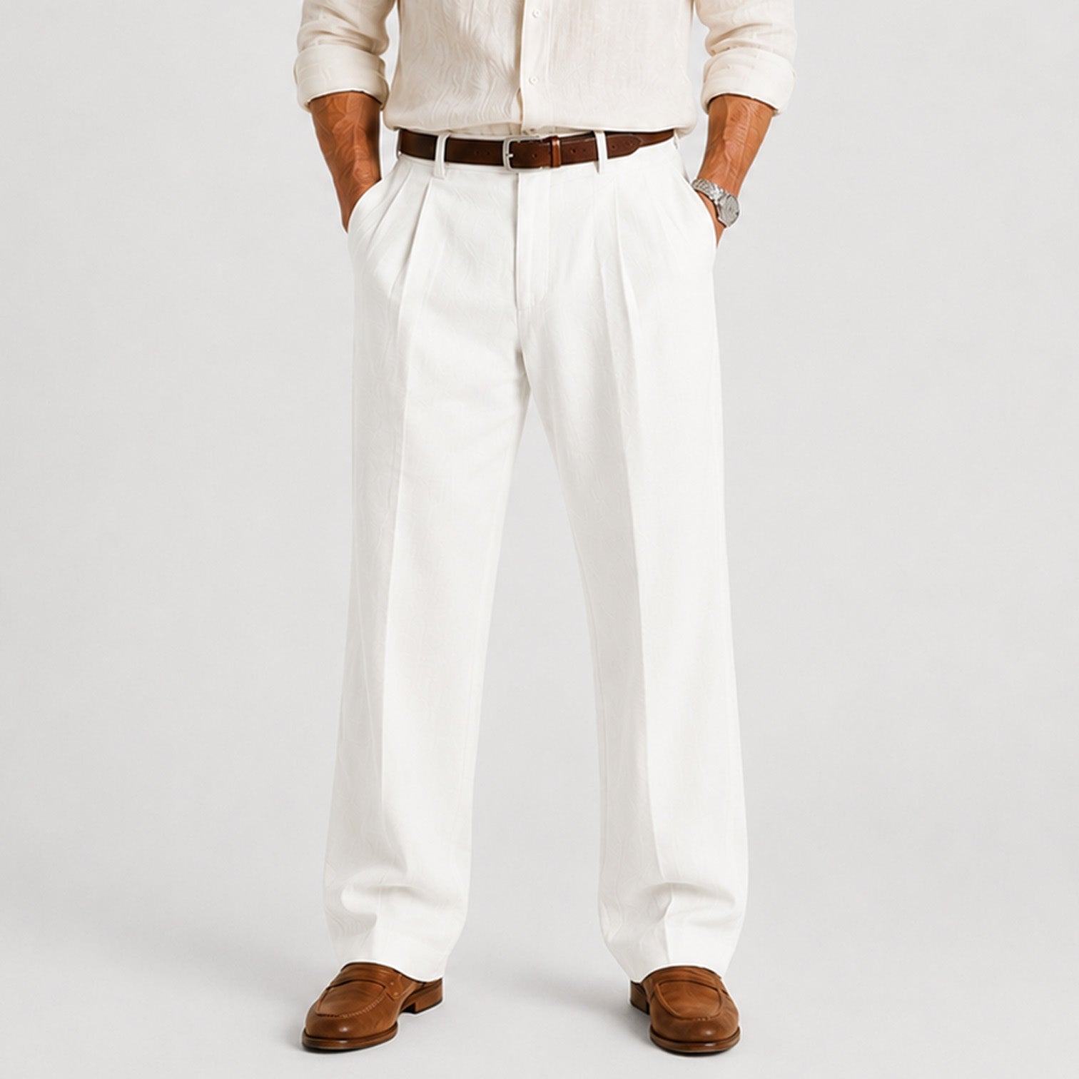 Linen Double Pleat Wide-Leg Trousers - Relaxed Fit