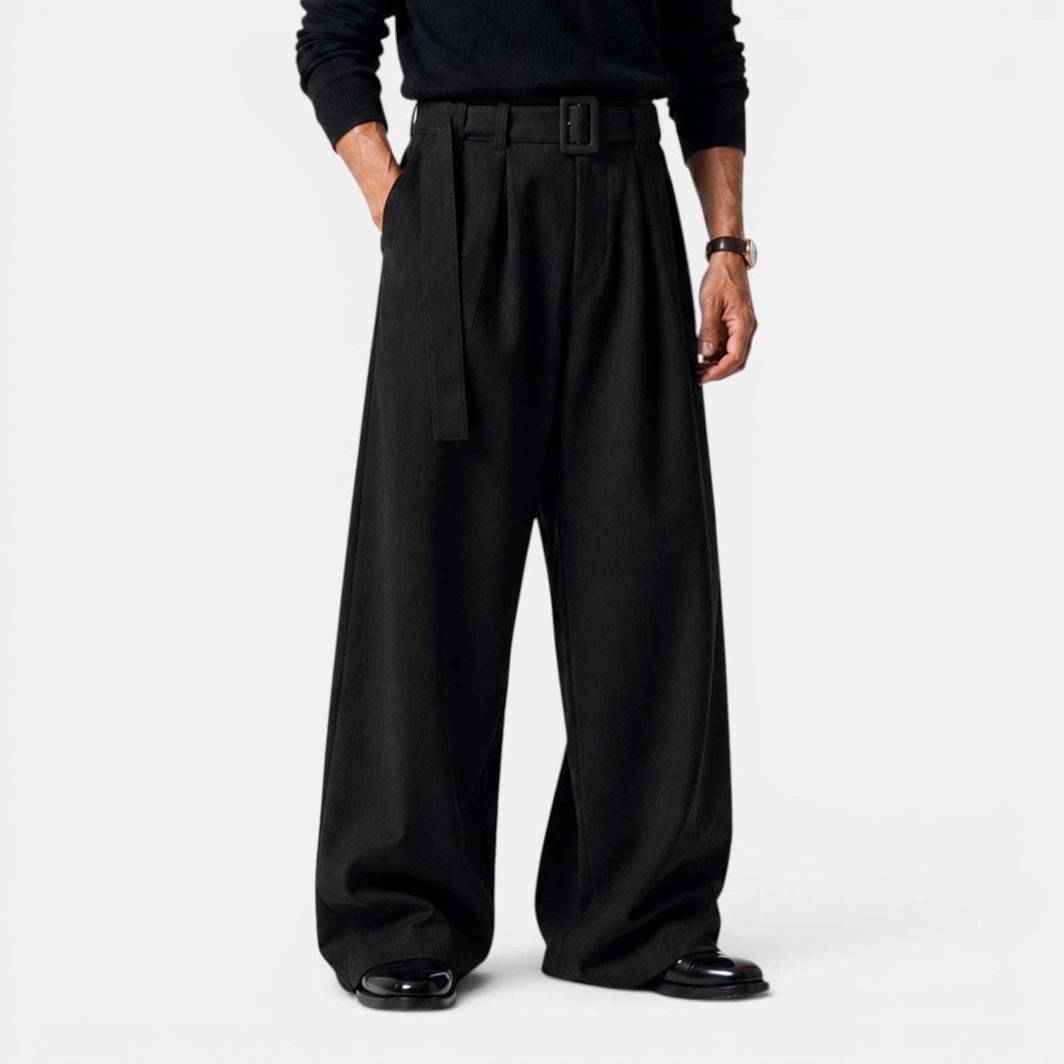 Pleated Trousers Belt Buckle High Waist - Relaxed Fit