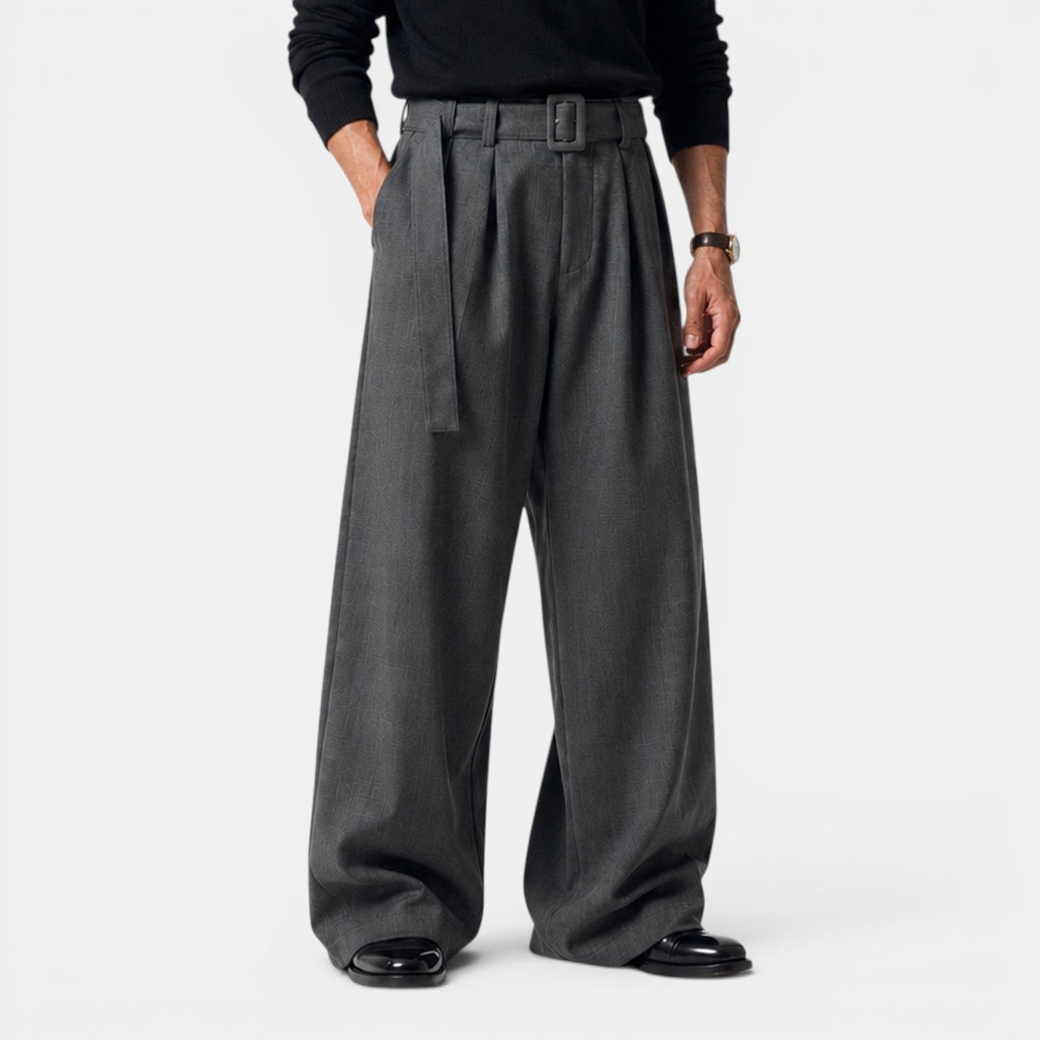 Pleated Trousers Belt Buckle High Waist - Relaxed Fit