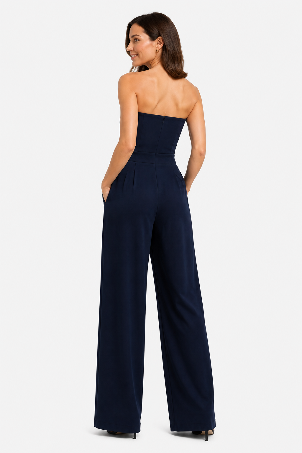 Women’s Strapless Wide Leg Jumpsuit – Elegant Structured Summer Style - Navy - back