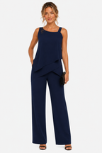Asymmetric Overlay Wide Leg Jumpsuit - Navy Blue - front