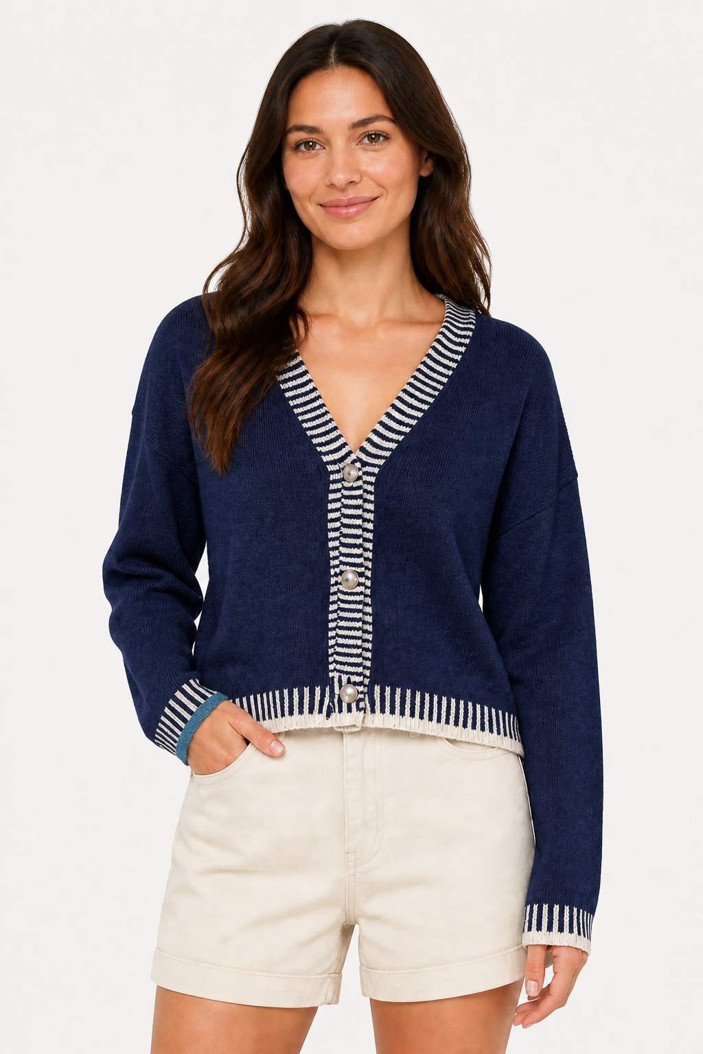 Knit Wide Leg Cardigan Set for Women - Navy Blue - front