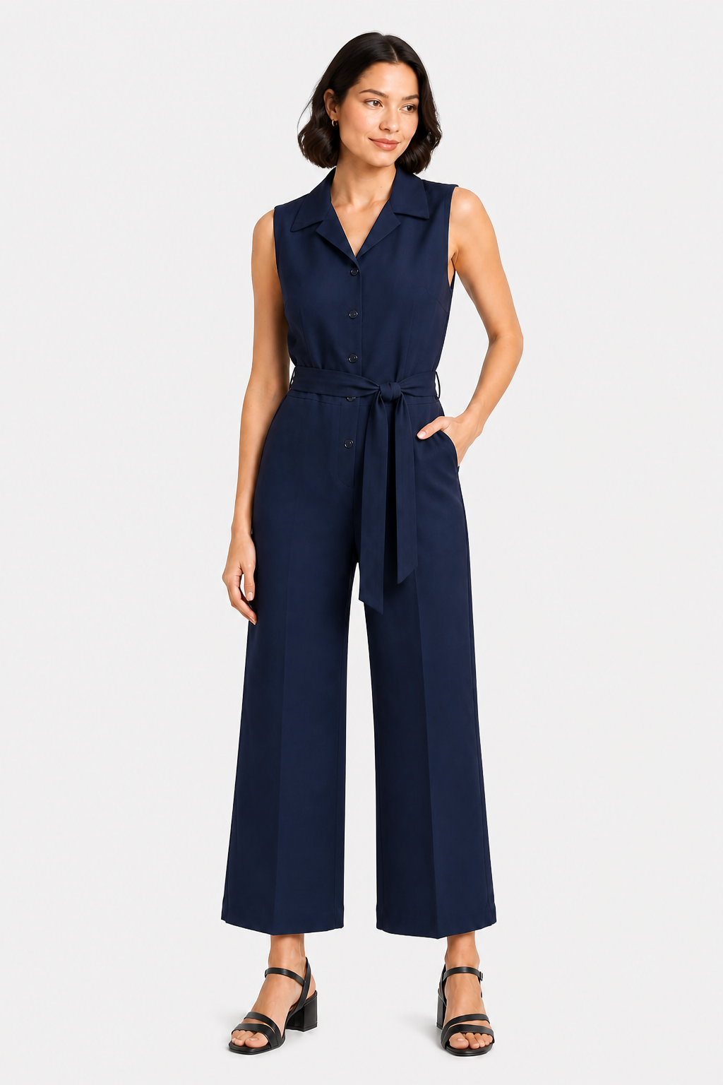 Orléane – Belted office elegance – Wide-leg jumpsuit - Navy blue - front