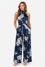 Women's Floral Halter Neck Wide Leg Jumpsuit – Tie Waist Style - Navy - front