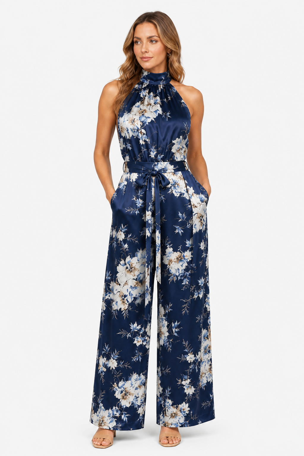 Women's Floral Halter Neck Wide Leg Jumpsuit – Tie Waist Style - Navy - front