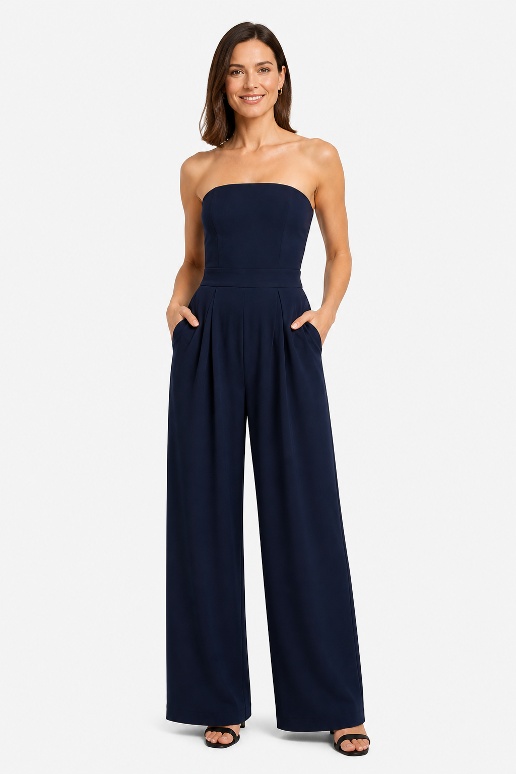 Women’s Strapless Wide Leg Jumpsuit – Elegant Structured Summer Style - Navy - front