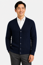 Men's Cable Knit Cardigan - V-Neck Button Front - Navy - front