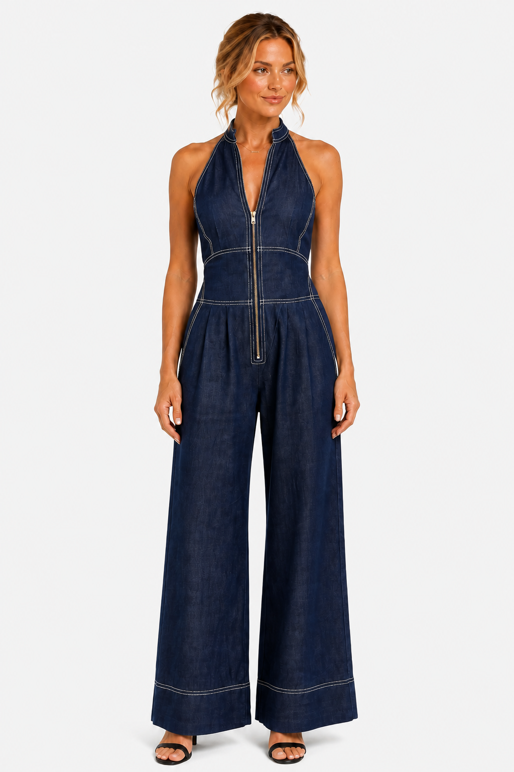 Darelle – Contrast stitch utility – Wide-leg jumpsuit - Navy - front