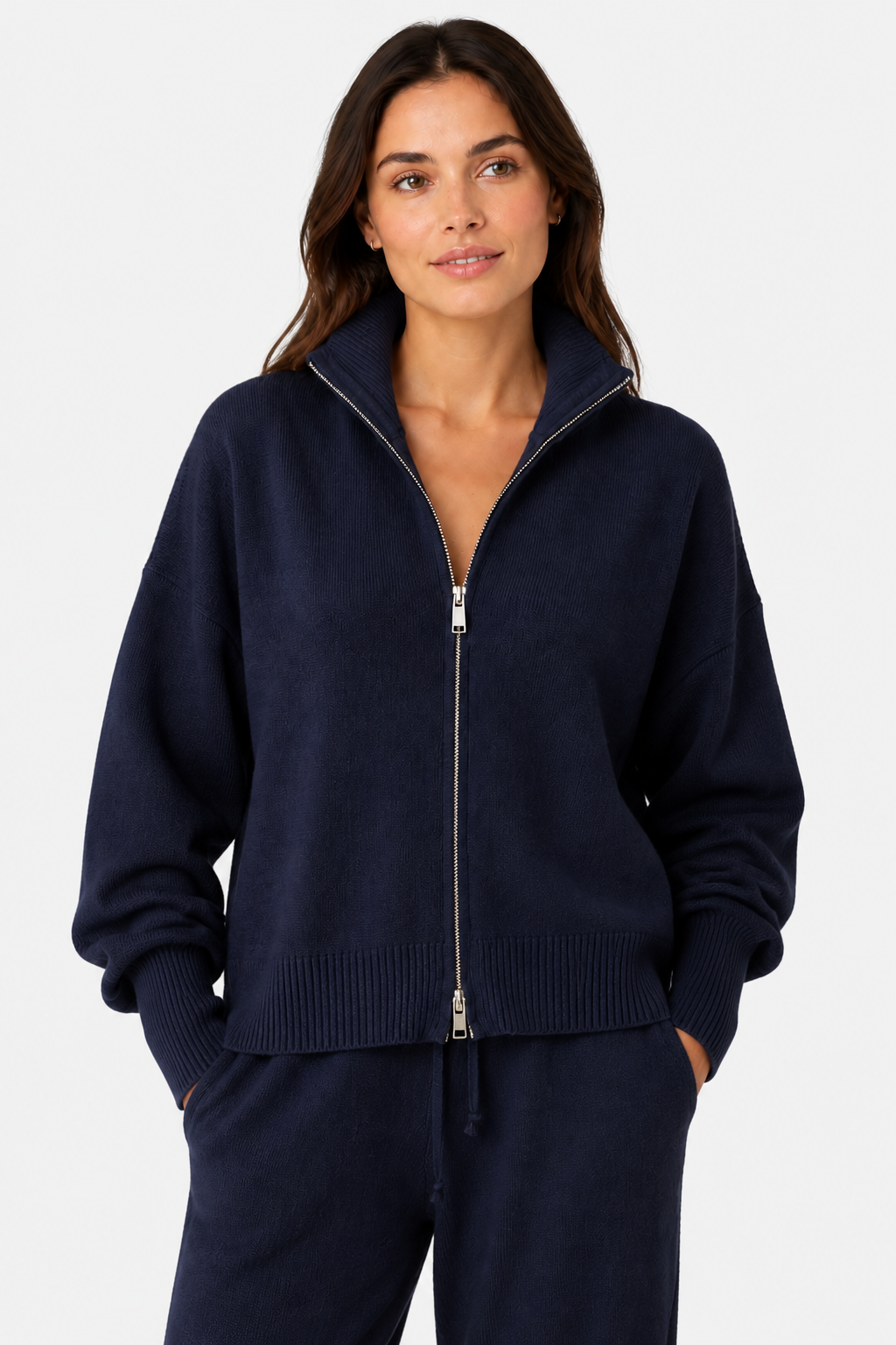 Women's Zip-Up Knit Cardigan Funnel Neck - Navy - front