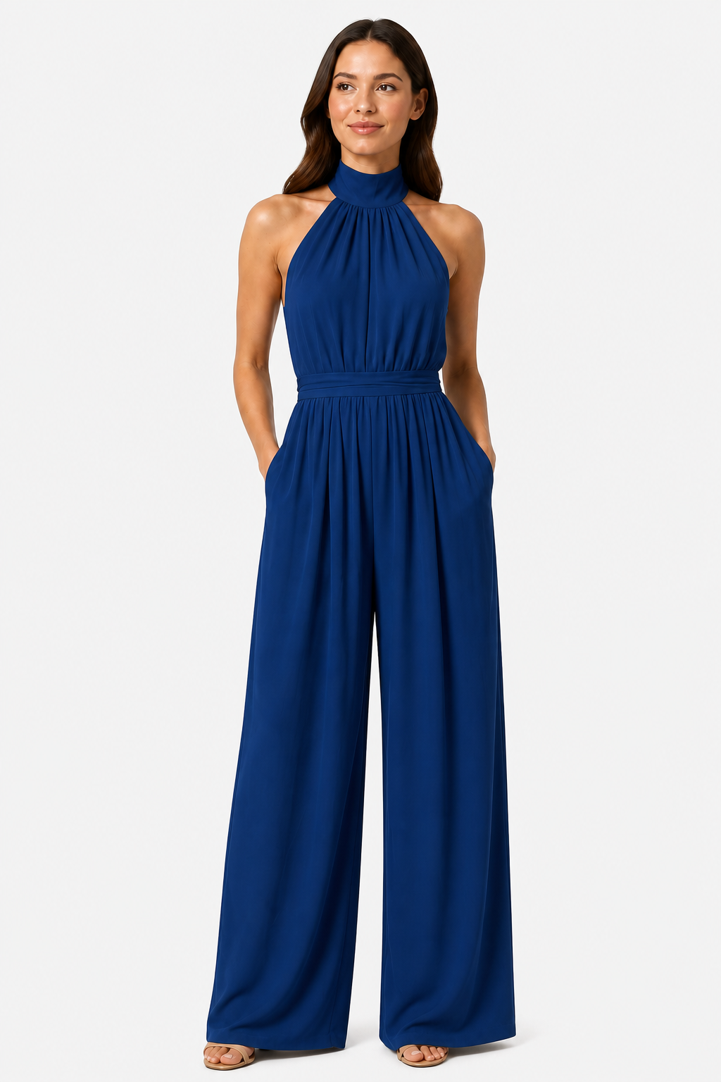 Women’s Halter Neck Wide Leg Jumpsuit – Elegant Flowing Style - Navy - front