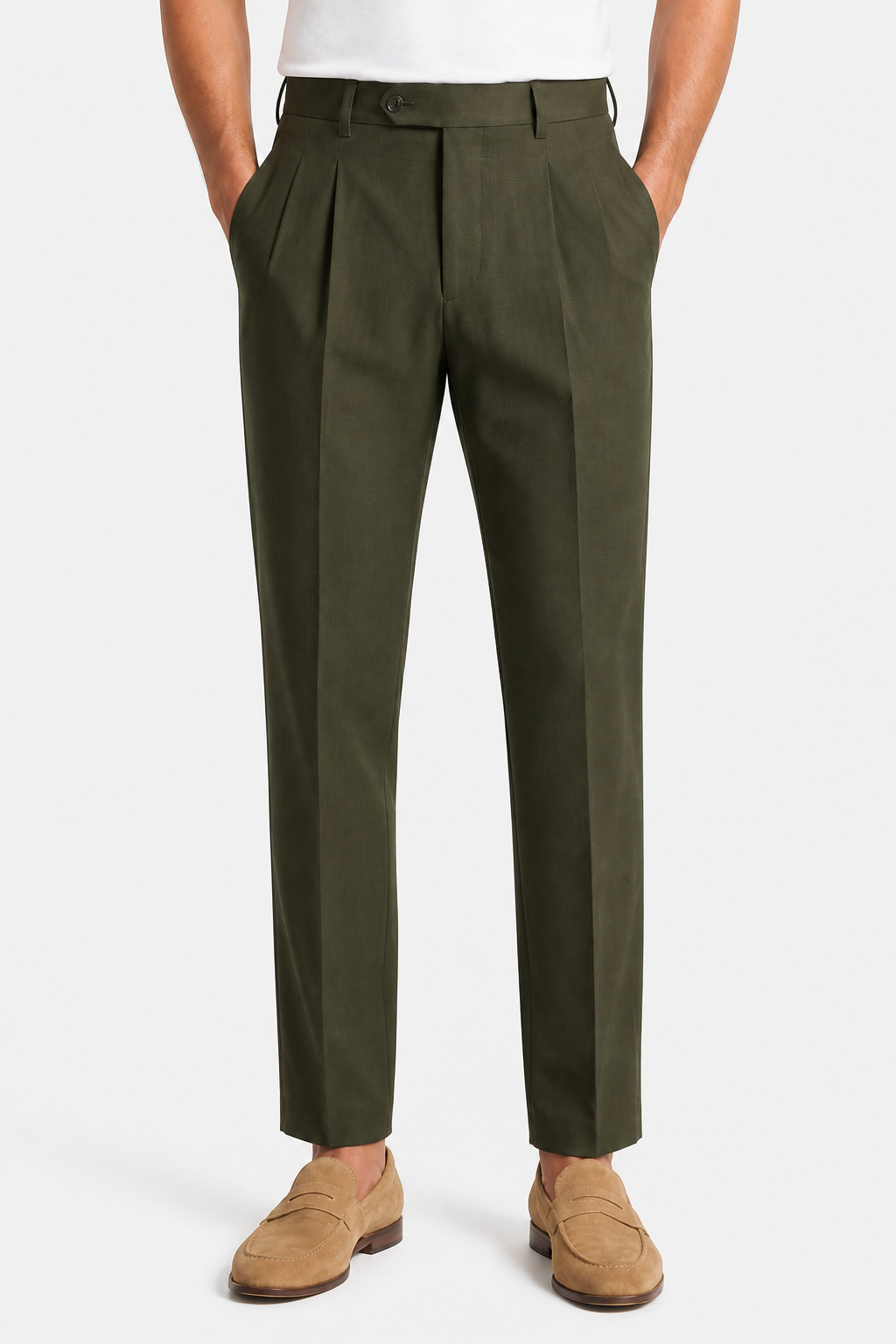Men's Pleated Trousers - OLIVE GREEN - front