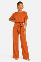 Wide Leg Jumpsuit With Waist Tie - Orange - front