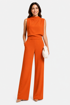 Women’s Jumpsuit with Sleeveless Upper and Wide-Leg Design - Orange - front