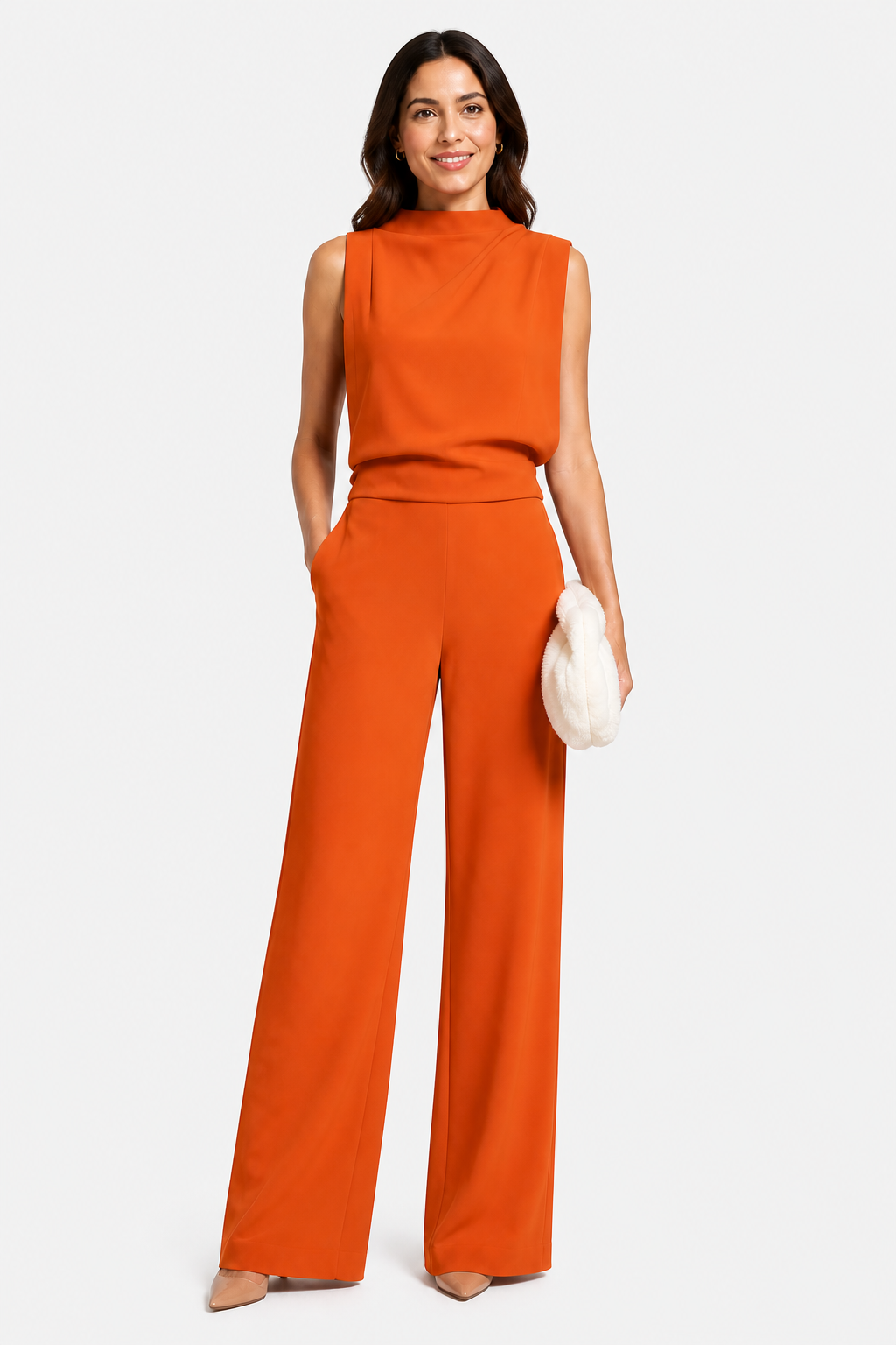 Women’s Jumpsuit with Sleeveless Upper and Wide-Leg Design - Orange - front