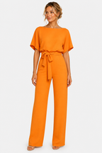 Short Sleeve Belted Jumpsuit Boat Neck Summer One Piece - Orange - front