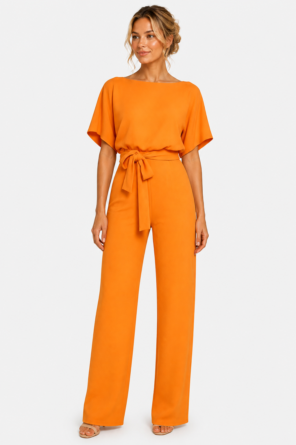 Short Sleeve Belted Jumpsuit Boat Neck Summer One Piece - Orange - front