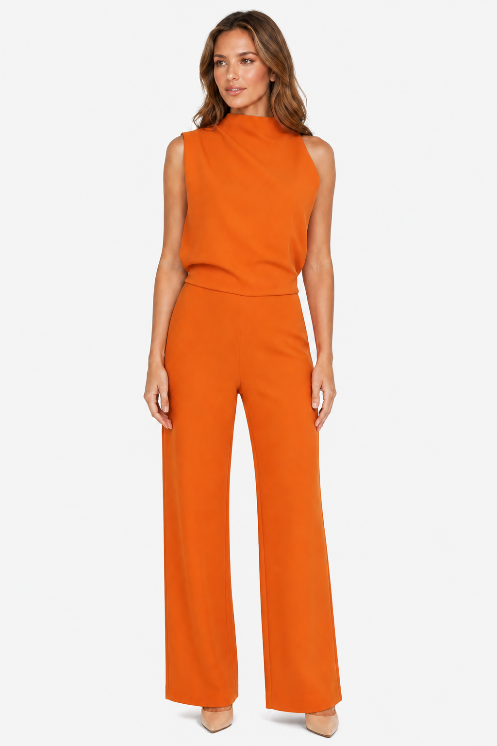Asymmetric One Shoulder Jumpsuit - Orange - front