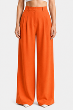 High Waist Wide Leg Trousers - Pleated - Orange - front