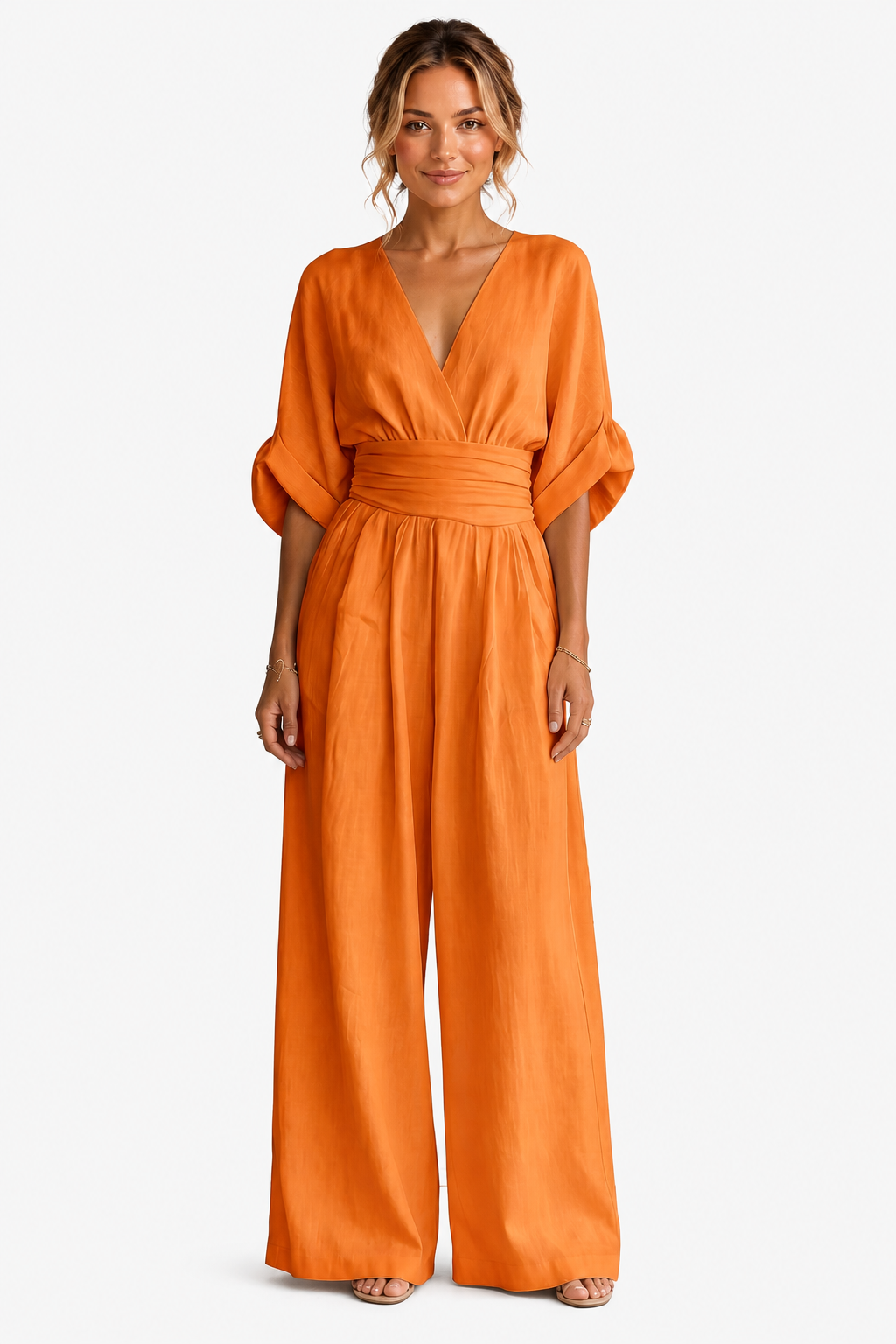 Valoria – Draped waist elegance – Wide-leg jumpsuit - Orange - front