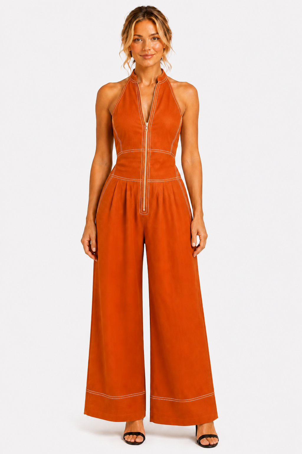 Darelle – Contrast stitch utility – Wide-leg jumpsuit - Orange - front