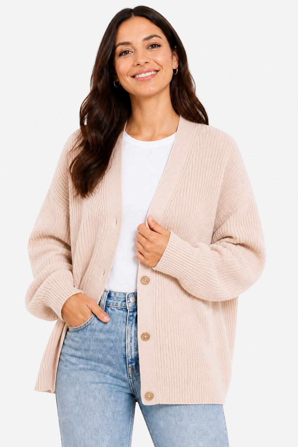 Oversized Ribbed Knit Cardigan for Women - Pink - front
