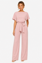 Wide Leg Jumpsuit With Waist Tie - Pink - front