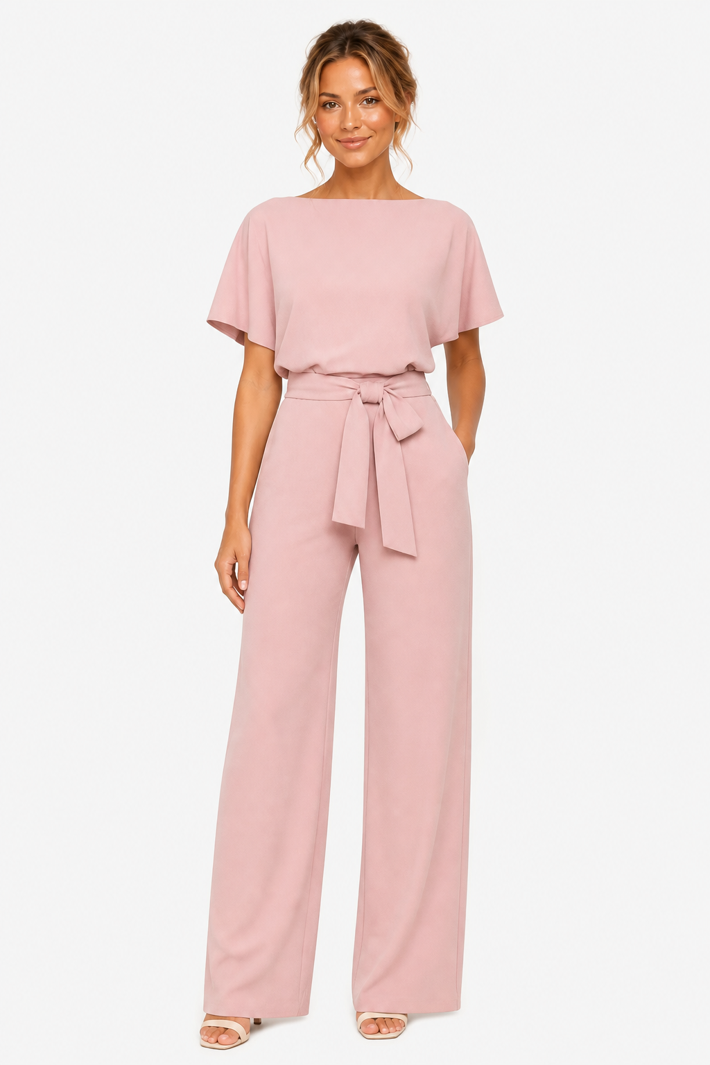 Wide Leg Jumpsuit With Waist Tie - Pink - front