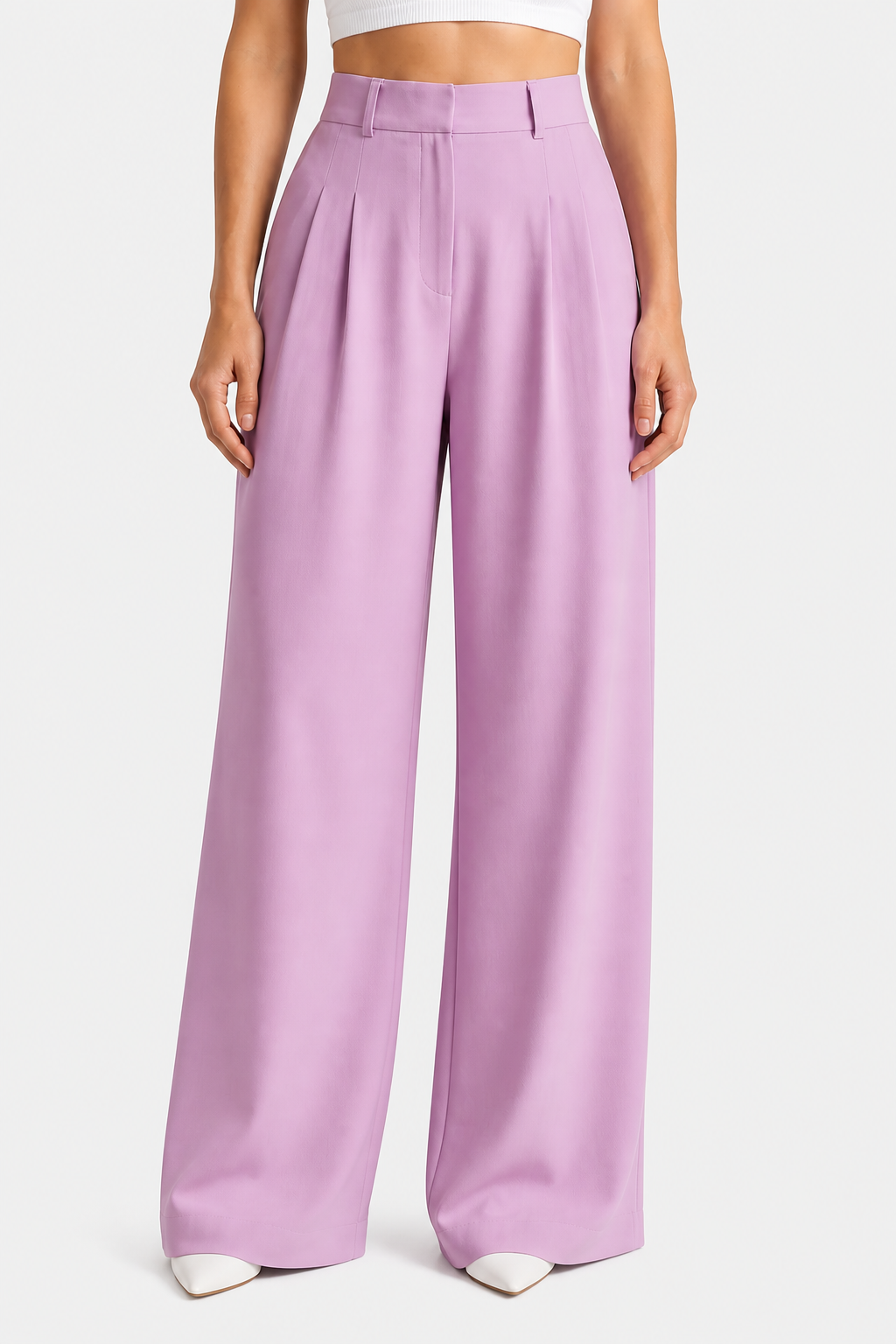 High Waist Wide Leg Trousers - Pleated - Pink - front