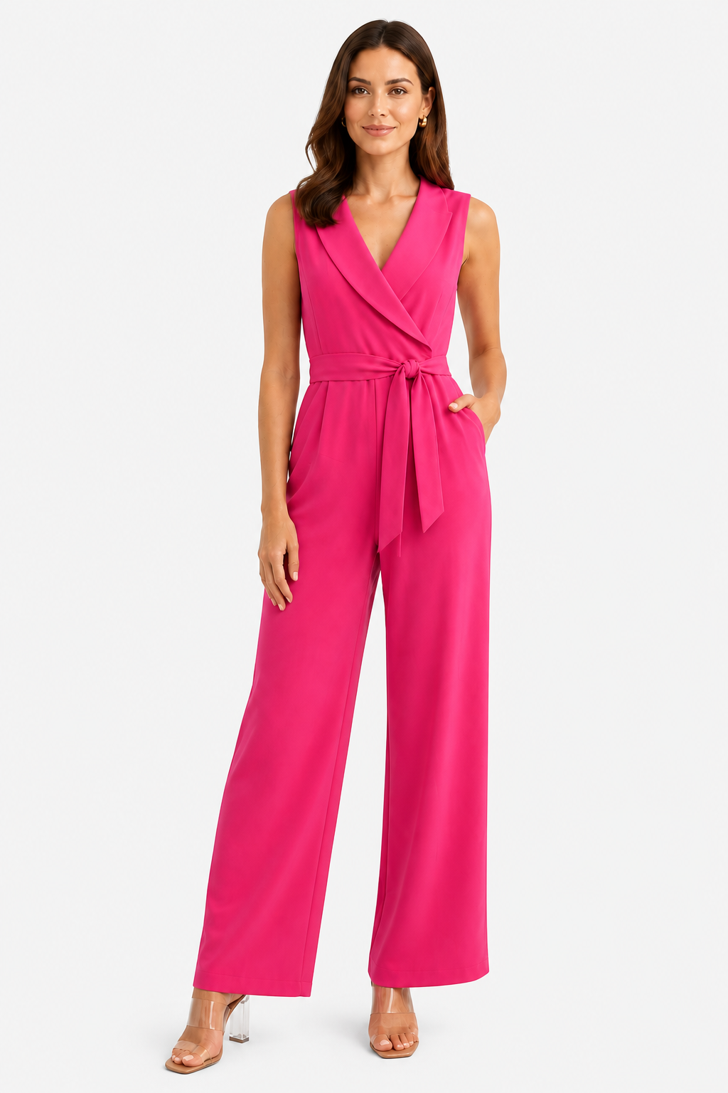 Women’s Sleeveless Wide Leg Jumpsuit – Elegant Tie Waist Style - Pink - front