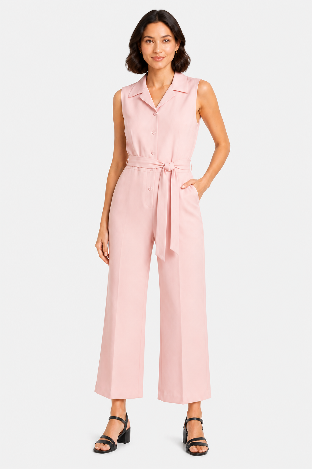 Orléane – Belted office elegance – Wide-leg jumpsuit - Pink - front