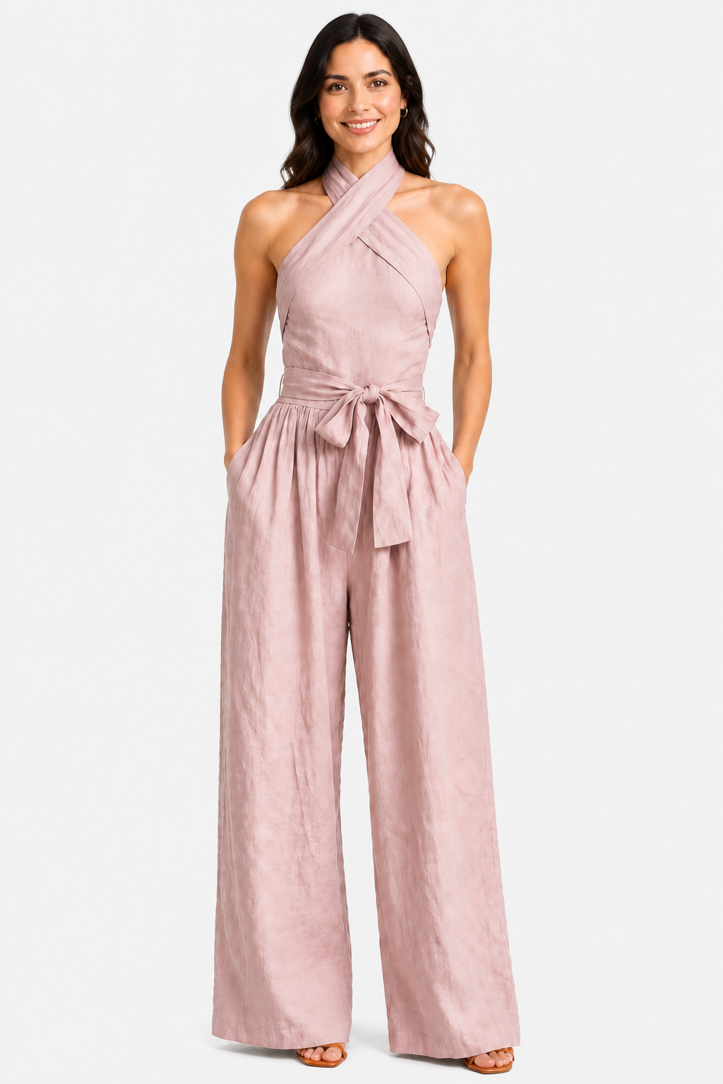 Aveline – Cross-halter sophistication – Wide-leg jumpsuit - Pink - front