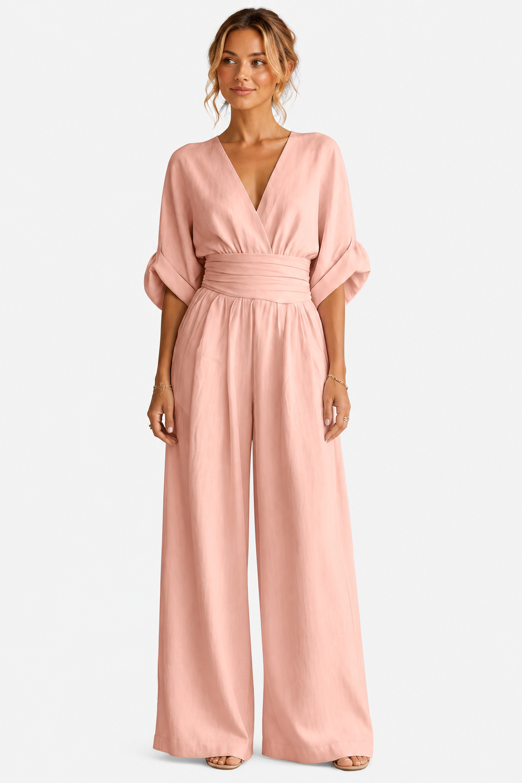 Valoria – Draped waist elegance – Wide-leg jumpsuit - Pink - front
