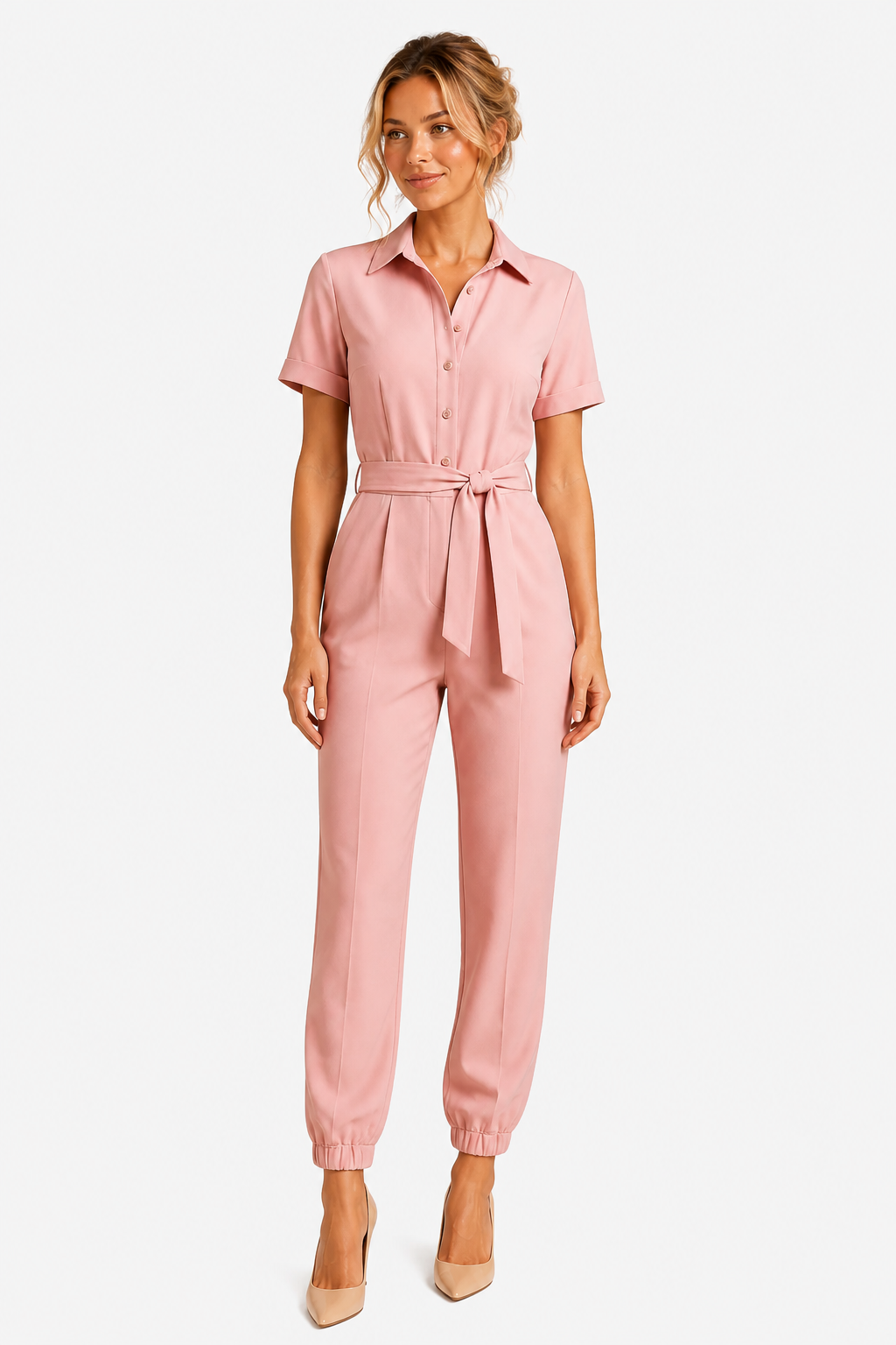 Collared Jumpsuit Belted Short Sleeve Everyday - Pink - front