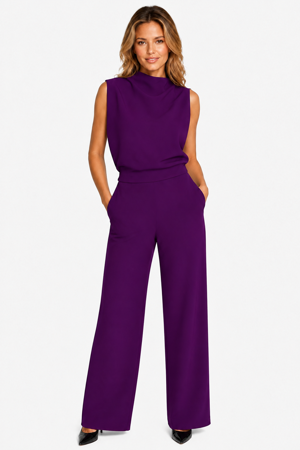 Asymmetric One Shoulder Jumpsuit - Purple - front