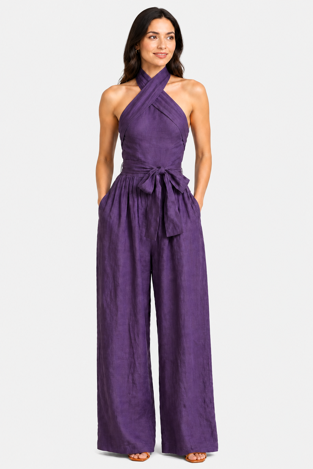 Aveline – Cross-halter sophistication – Wide-leg jumpsuit - Purple - front