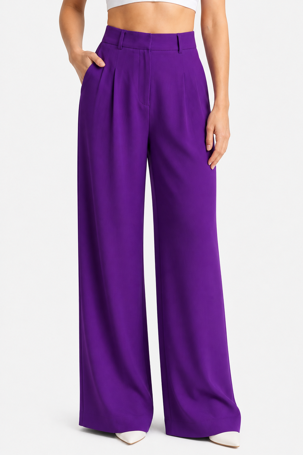 High Waist Wide Leg Trousers - Pleated - Purple - front