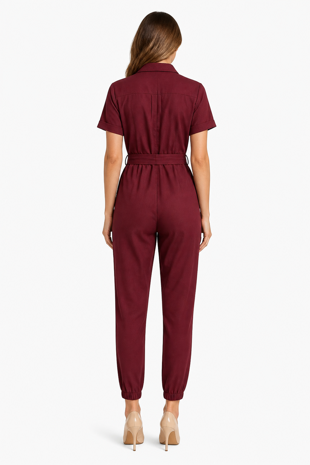 Collared Jumpsuit Belted Short Sleeve Everyday - Red - back