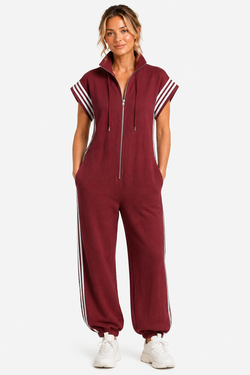 Veloura – Sporty stripe detail – Jumpsuit - Red - front