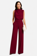 Women’s Jumpsuit with Sleeveless Upper and Wide-Leg Design - Red - front