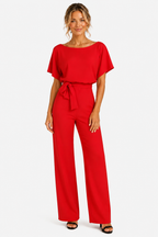 Short Sleeve Belted Jumpsuit Boat Neck Summer One Piece - Red - front