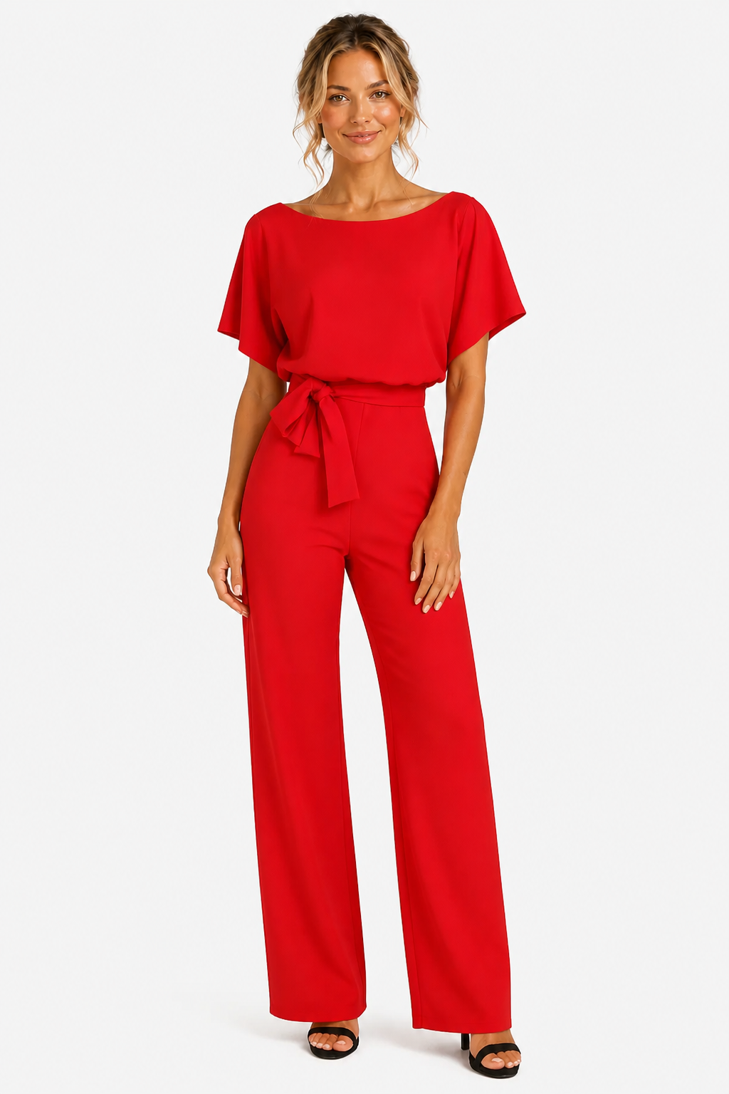 Short Sleeve Belted Jumpsuit Boat Neck Summer One Piece - Red - front
