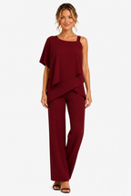 Asymmetric Overlay Wide Leg Jumpsuit - Red - front