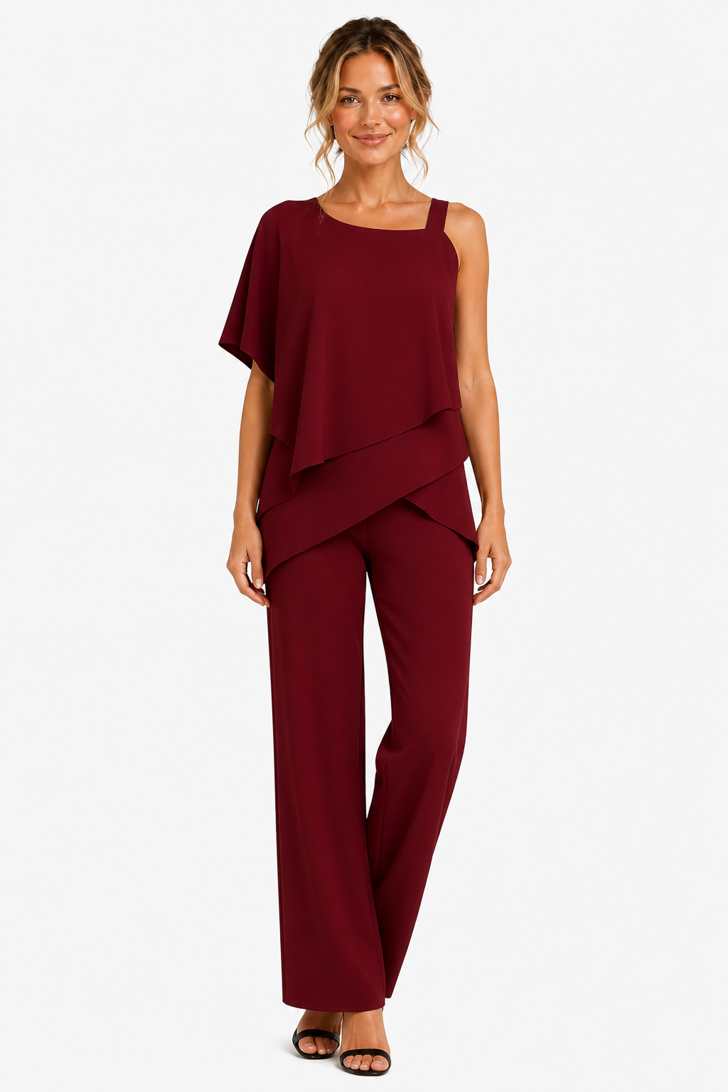 Asymmetric Overlay Wide Leg Jumpsuit - Red - front