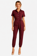 Collared Jumpsuit Belted Short Sleeve Everyday - Red - front