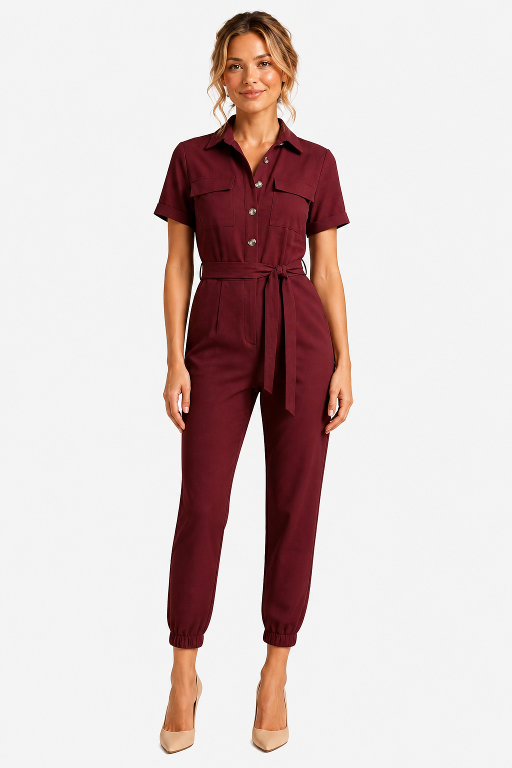 Collared Jumpsuit Belted Short Sleeve Everyday - Red - front