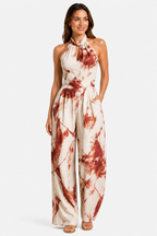 Women’s Printed Wide-Leg Jumpsuit – Relaxed Summer Fit - Red - front