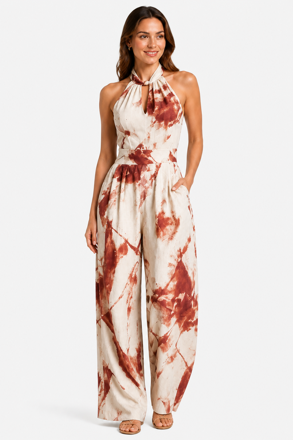 Women’s Printed Wide-Leg Jumpsuit – Relaxed Summer Fit - Red - front