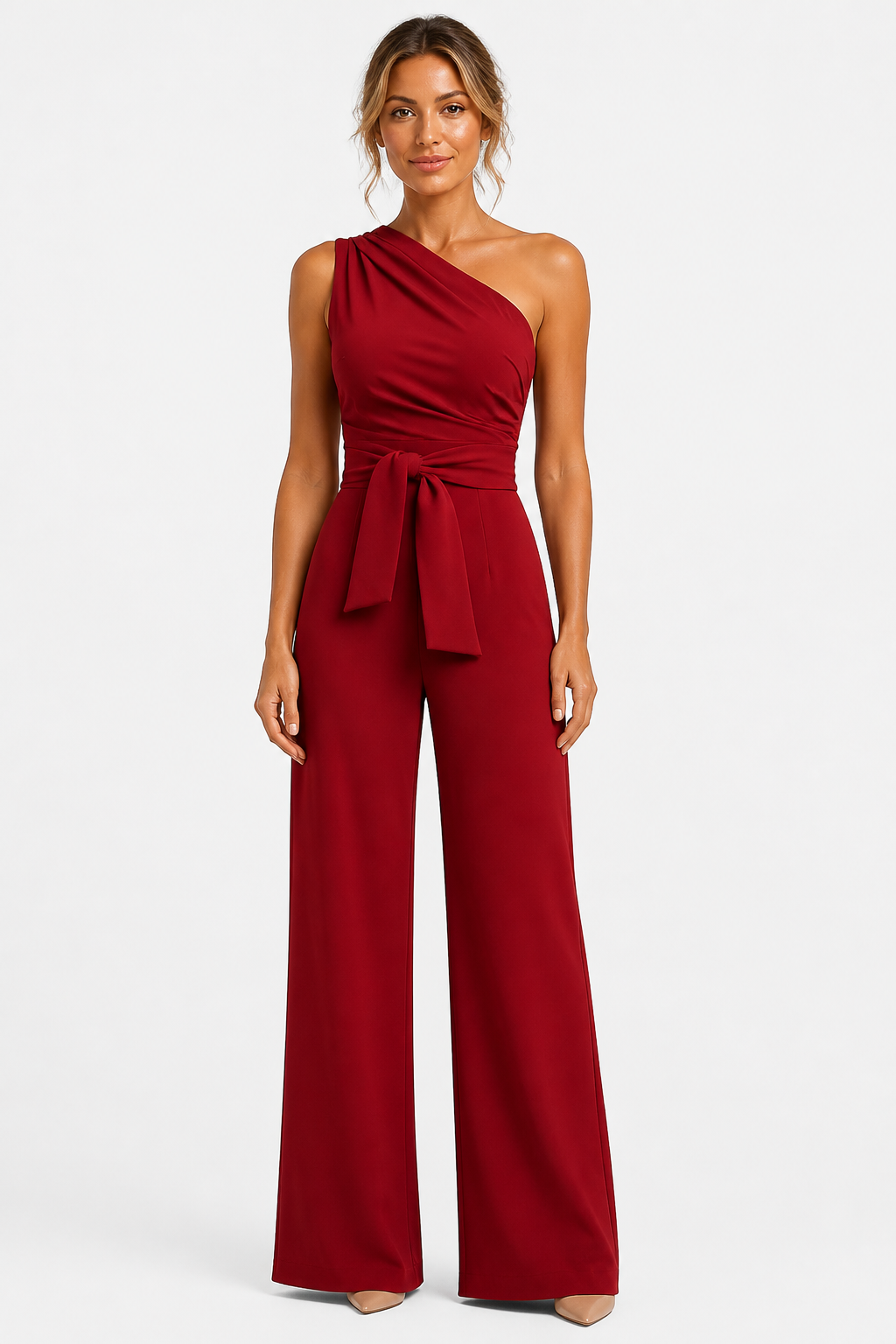 One Shoulder Wide Leg Jumpsuit - Red - front