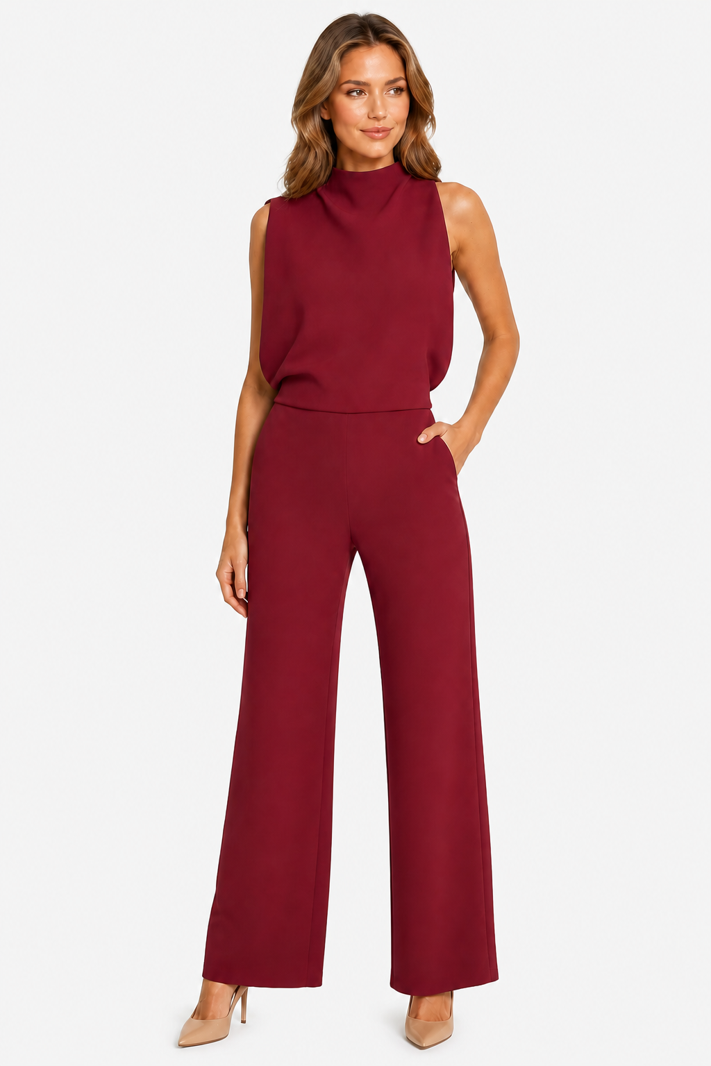Asymmetric One Shoulder Jumpsuit - Red - front
